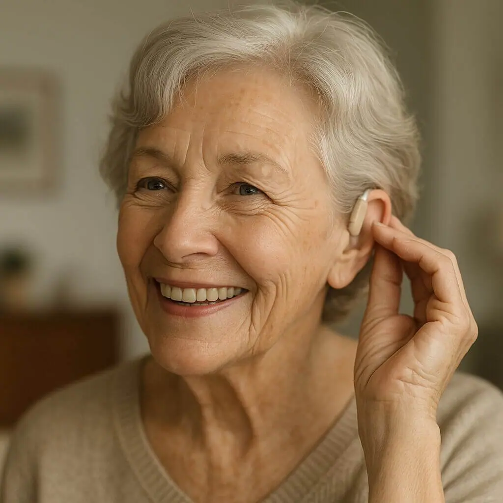 [Image of Mujer mayor sonriendo con audífono]