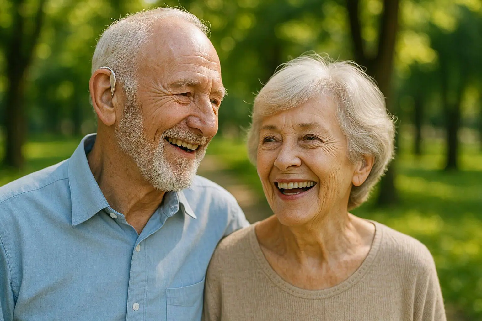 Pareja de mayores conversando y sonriendo